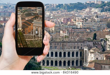 Tourist Taking Photo Of Theatre Marcellus, Rome