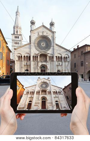 Tourist Taking Photo Of Modena Cathedral