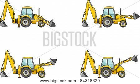 Backhoe Loaders. Heavy Construction Machines. Vector Illustration