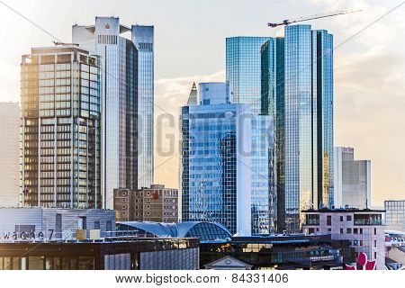 Sunset With Skyscraper In Frankfurt Downtown