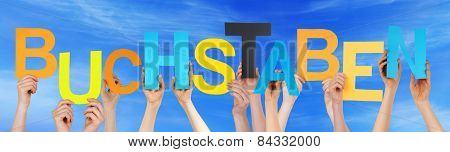 People Holding Colorful German Word Buchstaben Means Letters Blue Sky
