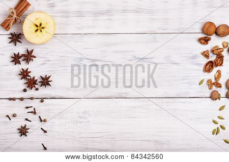 Spices For Mulled Wine copy space On Wooden Background