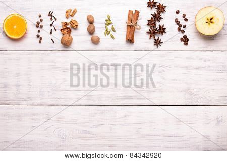 Spices For Mulled Wine Glintwine copy space On Wooden Background