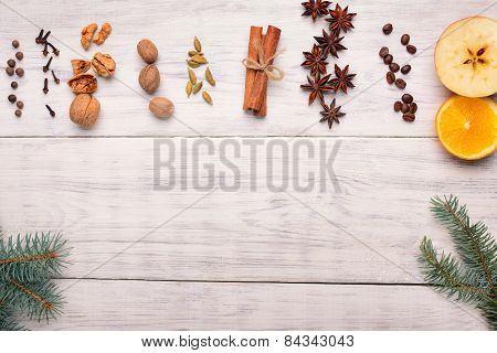 Spices For Mulled Wine Glintwine copy space On Wooden Background