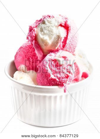 Strawberry  Ice Cream In A White Bowl  Isolated On White Background. Scoops Of Vanilla And Fruit  Ic
