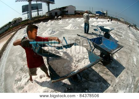 Workers Are Working At A Salt Farm In Thailand.