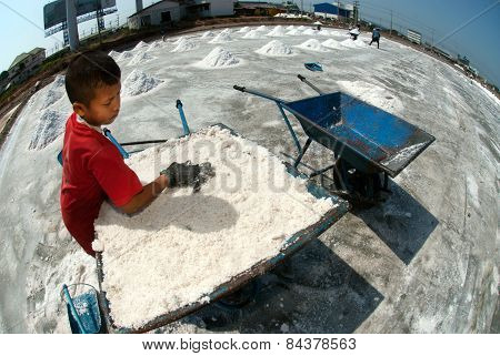 Workers Are Working At A Salt Farm In Thailand.