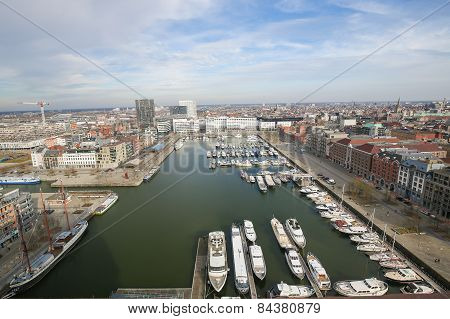 Aerial View On The Yacht Harbor At The Bonaparte Docks In Antwerp, Belgium