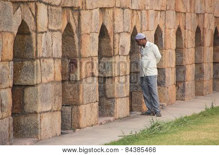 Delhi, India - November 4: Unidentified Man Stands At Mausoleum At Tughlaqabad Fort On November 4, 2