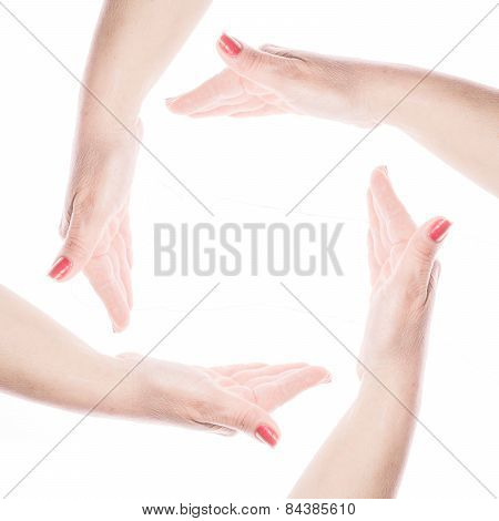 Woman's hands made circle on white background