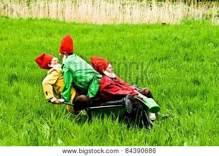 Three Garden Gnomes Enjoy Children At The Festival For Inauguration The New Quellenpark