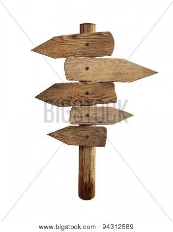 Old wooden road sign with five direction arrows isolated