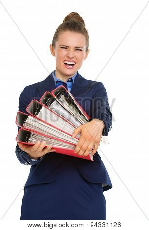 Business Woman Struggling To Carry Big Files