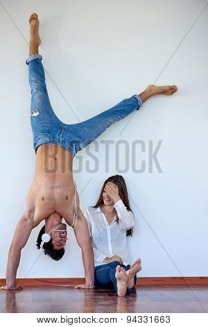 happy young romantic couple have fun relax smile at modern home outdoor terace balcony terace