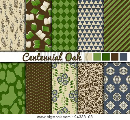 Set of 10 simple seamless patterns. 'Centennial Oak' color palette.