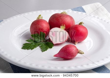 Five Radishes On A White Plate