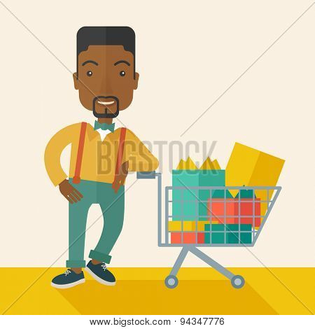 A happy african-american man standing with his shopping cart. . A Contemporary style with pastel palette, soft beige tinted background. Vector flat design illustration. Square layout. 