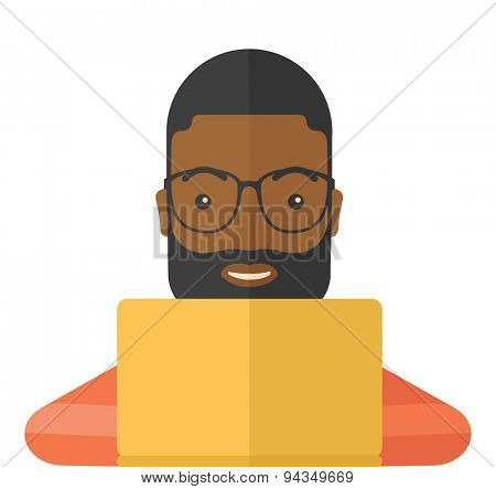 An african man making a purchase using laptop with internet in online shopping with promo discount. A contemporary style. Vector flat design illustration with isolated white background. Square layout.