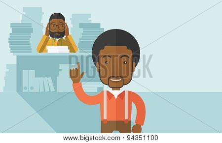 A black office clerk has a lot of works to do with those papers infront of him, problem on how to meet the deadline of his report. Disappointment concept. A Contemporary style with pastel palette