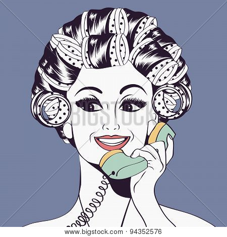 Woman With Curlers In Their Hair Talking At Phone