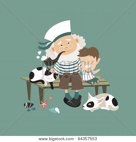 Old sailor sitting on bench with grandson