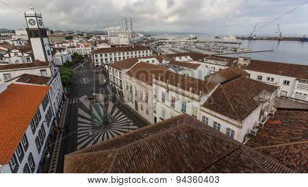 PONTA DELGADA, AZORES/PORTUGAL - JUN 15, 2015: Top view of center of Ponta Delgada. City is located on Sao Miguel Island (232.99 km2) Region capital under the revised constitution of 1976.