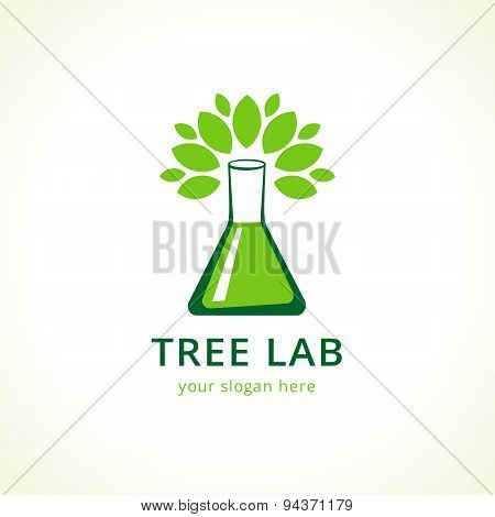 Natural lab logo. Green leaves, tree in a shape of testing flask. Tests, cosmetics, chemist\'s sign. Scientific environmental researches. Healthy life or products symbol. Pharmaceutical companies.