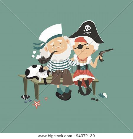 Old sailor sitting on bench with his beloved pirate
