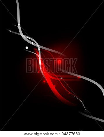 Red wave in dark space, dynamic energy background with copyspace. Vector illustration. Abstract background