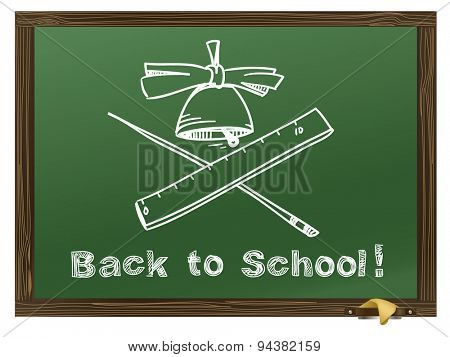 Green Wood school desks and hand-drawn chalk picture. Raster version