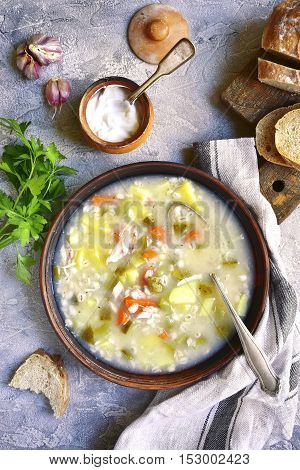 Rassolnik - Traditional Russian Soup With Pickled Cucumber And Chicken.top View.