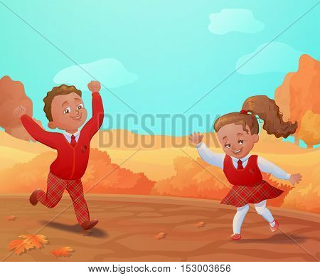 Autumn background with smiling kids.Pupis in unifirm banner.Vector illustration