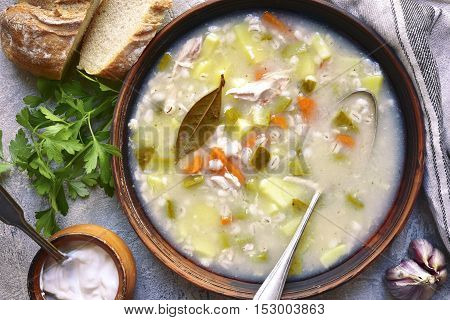 Rassolnik - Traditional Russian Soup With Pickled Cucumber And Chicken.top View.