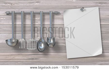 Blank paper with kitchen utensils 3D render illustration on wooden background