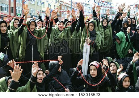 Istanbul Turkey - October 11 2016: Muslims worldwide marks Ashura Istanbul Shiite community. Turkish Shia Muslims mourning for Imam Hussain. 