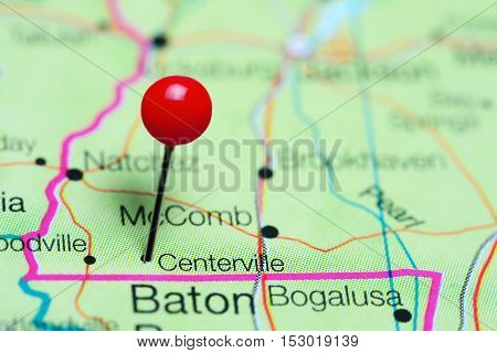 Centerville pinned on a map of Mississippi, USA