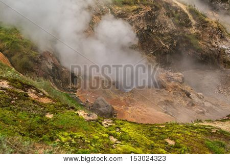 Eruption Bolshoy Big Geyser in Valley of Geysers. Kronotsky Nature Reserve on Kamchatka Peninsula.