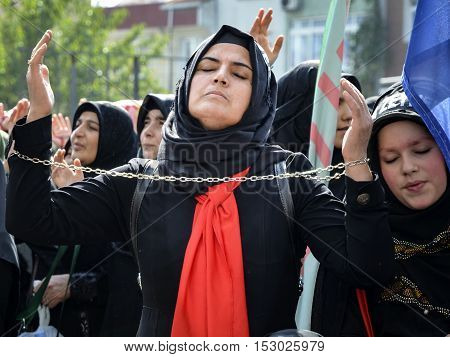 Istanbul Turkey - October 11 2016: Muslims worldwide marks Ashura Istanbul Shiite community. Turkish Shia Muslims mourning for Imam Hussain. 