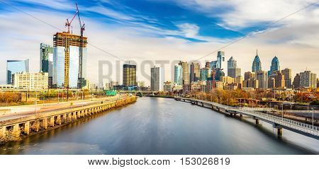Panoramic picture of Philadelphia skyline and Schuylkill river, PA, USA.