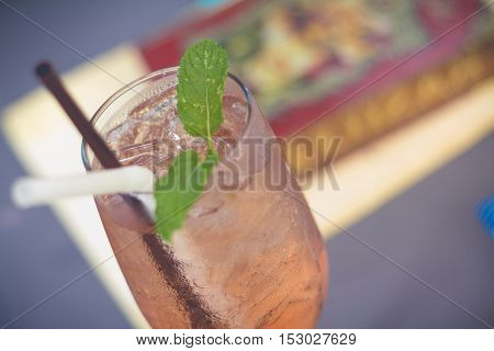 A glass of lemonade iced. Tasty cool beverage with lemonade.(selective focus)