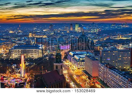 Aerial view on downtown of Berlin at night, Germany