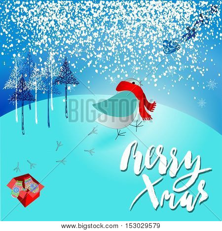 Santa Claus brought a bad gift. Angry bird dissatisfied Christmas gift. A pair of mittens. Christmas lettering. Vector illustration. EPS10
