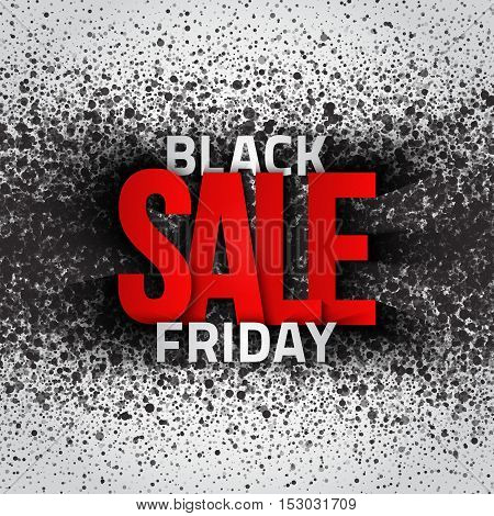 Black friday sale vector background. Illustration with 3d red and silver letters for business, marketing and holiday. Abstract dark gray round ash particles on white background. Spray effect