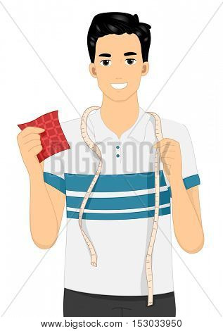 Illustration of a Man with a Measuring Tape Draped Around His Neck Holding a Piece of Red Fabric