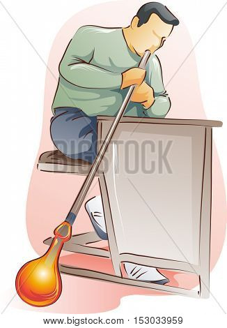 Illustration of a Male Glass Blower in a Workshop Working on an Orange Glass