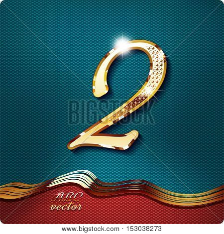 Golden stylish Inlaid figure is 2, with shadow and glare. vector digit two