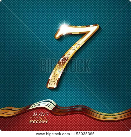 Golden stylish Inlaid figure is 7, with shadow and glare. vector digit seven.