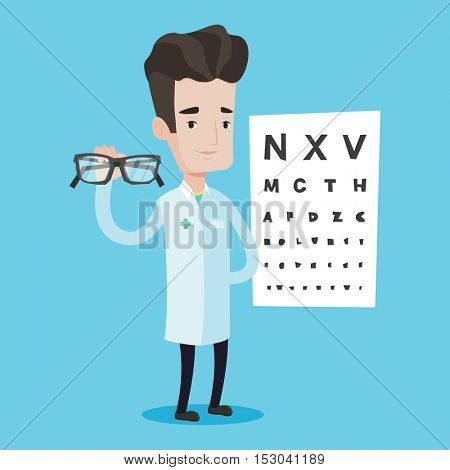 Caucasian male oculist doctor giving glasses. Professional ophthalmologist holding eyeglasses on the background of eye chart. Oculist offering glasses. Vector flat design illustration. Square layout.