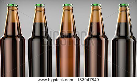 Close up bottles of beer on a gray background. 3d illustration.