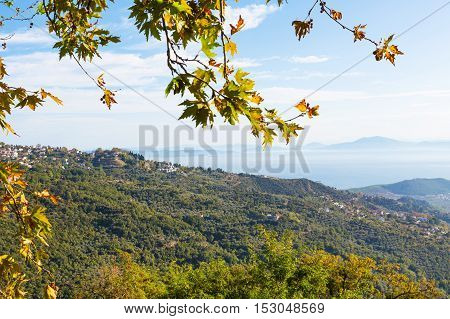Greek mountain village aerial panoramic view and seascape, Pelion,